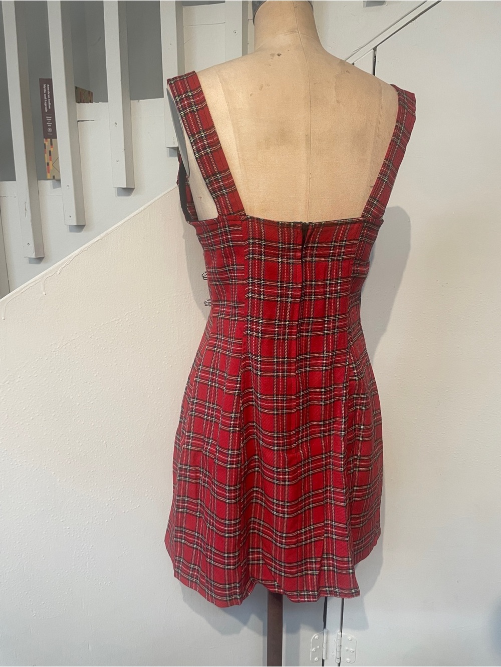 Genuine vintage Lip Service punk red plaid tartan safety pin mini dress L - Picture 3 of 5